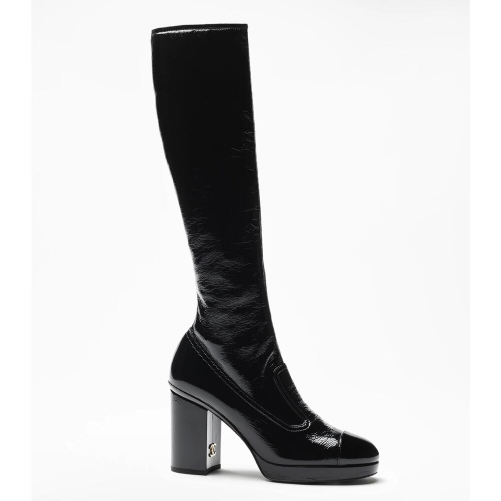 Chanelโ 2023 Crumpled Patent Leather Cap Toe CC Knee Boots Black 36